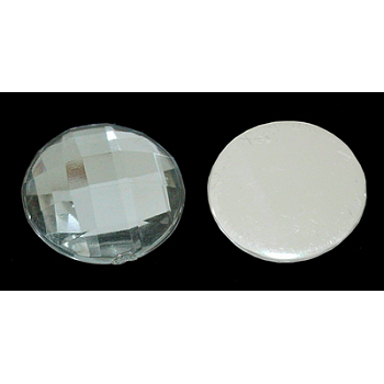Acrylic Rhinestone Flat Back Cabochons, Faceted, Half Round, White, about 18mm in diameter, 5mm thick
