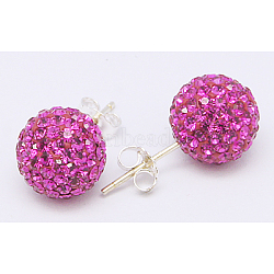 Gifts for Her Valentines Day 925 Sterling Silver Austrian Crystal Rhinestone Ball Stud Earrings for Girl, Round, 502_Fuchsia, 17x8mm(Q286H211)