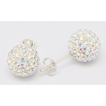 Sexy Valentines Day Gifts for Her Sterling Silver Austrian Crystal Rhinestone Ball Stud Earrings, Crystal, about 6mm in diameter, 15mm long, pin: 0.8mm thick