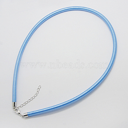 Silk Necklace Cord, with Brass Lobster Claw Clasp and Extended Chain, Platinum, Sky Blue, 18 inch(R28ER101)