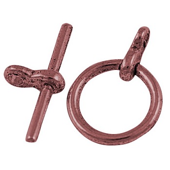 Tibetan Style Toggle Clasps, Cadmium Free & Nickel Free & Lead Free, Ring, Red Copper, Ring: 12mm in diameter, Bar: 19mm long, 3mm wide, Hole: 2mm