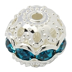 Brass Rhinestone Beads, Grade A, Silver Color Plated, Round, Blue Zircon, 10mm, Hole: 1.2mm(RB-A011-10mm-06S)