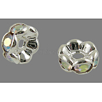 Brass Rhinestone Spacer Beads, Grade A, Wavy Edge, Silver Metal Color, Rondelle, Crystal AB, 12x4mm, Hole: 2.5mm(RB-A014-L12mm-28S)