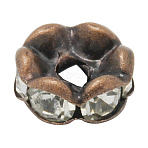 Brass Rhinestone Spacer Beads, Grade AAA, Wavy Edge, Nickel Free, Red Copper Metal Color, Rondelle, Crystal, 7x3.2mm, Hole: 1.2mm(RB-A014-L7mm-01R-NF)