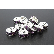 Brass Rhinestone Spacer Beads, Grade A, Silver Color Plated, Rondelle, Purple, Size: about 8mm in diameter, 3.5mm thick, hole: 2mm(RB-A004-5)