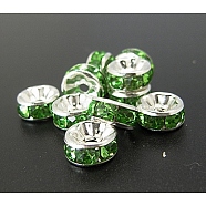 Brass Rhinestone Spacer Beads, Grade A, Silver Color Plated, Rondelle, Pale Green, Size: about 8mm in diameter, 3.5mm thick, hole: 2mm(RB-A004-8)