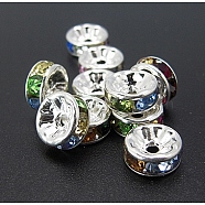 Brass Rhinestone Spacer Beads, Grade A, Silver Color Plated, Rondelle, Colorful, Size: about 8mm in diameter, 3.5mm thick, hole: 2mm(RB-A004-9)