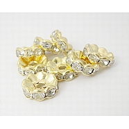 Brass Rhinestone Spacer Beads, Grade A, Waves Edge, Rondelle, Golden Color, Clear, Size: about 10mm in diameter, 4mm thick, hole: 2mm(RB-A006-10MM-G)