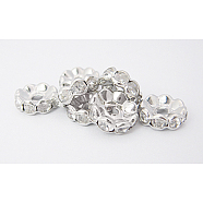 Brass Rhinestone Spacer Beads, Grade A, Waves Edge, Rondelle, Platinum Color, Clear, Size: about 10mm in diameter, 4mm thick, hole: 2mm(RB-A006-10MM-N)