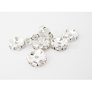 Brass Rhinestone Spacer Beads, Grade A, Waves Edge, Rondelle, Silver Color Plated, Clear, Size: about 7mm in diameter, 3.5mm thick, hole: 1.5mm(RB-A006-7MM-S)