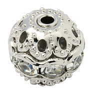 Brass Rhinestone Beads, Grade A, Platinum Metal Color, Round, Crystal, 10mm in diameter, Hole: 1.2mm(RB-A011-10mm-01P)