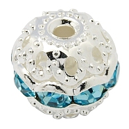 Brass Rhinestone Beads, Grade A, Silver Color Plated, Round, Aquamarine, 10mm, Hole: 1.2mm(RB-A011-10mm-03S)