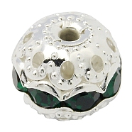 Brass Rhinestone Beads, Grade A, Silver Color Plated, Round, Emerald, 10mm, Hole: 1.2mm(RB-A011-10mm-08S)