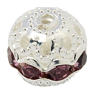 Brass Rhinestone Beads, Grade A, Silver Color Plated, Round, Light Amethyst, 10mm, Hole: 1.2mm(RB-A011-10mm-10S)
