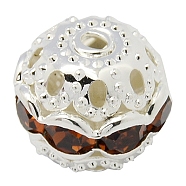 Brass Rhinestone Beads, Grade A, Silver Color Plated, Round, Topaz, 10mm, Hole: 1.2mm(RB-A011-10mm-17S)