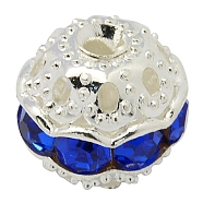 Brass Rhinestone Beads, Grade A, Silver Color Plated, Round, Sapphire, 12mm in diameter, Hole: 1.5mm(RB-A011-12mm-05S)