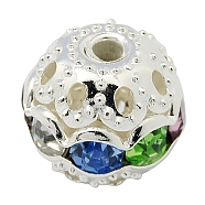 Brass Rhinestone Beads, Grade A, Silver Color Plated, Round, Colorful, 12mm in diameter, Hole: 1.5mm(RB-A011-12mm-37S)