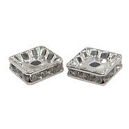 Brass Rhinestone Spacer Beads, Grade A, Platinum Metal Color, Square, Crystal, 6x6x3mm, Hole: 1mm(RB-A013-6x6-01P)