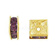 Brass Rhinestone Spacer Beads, Grade A, Golden Metal Color, Square, Light Amethyst, 6x6x3mm, Hole: 1mm(RB-A013-6x6-10G)