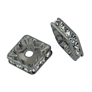 Brass Rhinestone Spacer Beads, Grade A, Gunmetal, Square, Crystal, 7x7x3mm, Hole: 1mm(RB-A013-7x7-01B)