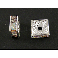 Brass Rhinestone Spacer Beads, Grade A, Silver Color Plated, Square, Crystal AB, 7x7x3mm, Hole: 1mm(RB-A013-7x7-28S)