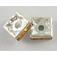 Brass Rhinestone Spacer Beads, Grade A, Nickel Free, Silver Color Plated, Square, Topaz, 8x8x4mm, Hole: 1mm(RB-A013-8x8-17S-NF)