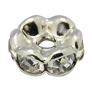 Brass Rhinestone Spacer Beads, Grade A, Wavy Edge, Platinum Metal Color, Rondelle, Crystal, 10x4mm, Hole: 2mm(RB-A014-L10mm-01P)