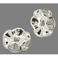 Brass Rhinestone Spacer Beads, Grade A, Wavy Edge, Silver Color Plated, Rondelle, Crystal, 12x4mm, Hole: 2.5mm(RB-A014-L12mm-01S)
