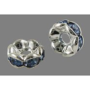 Brass Rhinestone Spacer Beads, Grade A, Wavy Edge, Silver Color Plated, Rondelle, Light Sapphire, 12x4mm, Hole: 2.5mm(RB-A014-L12mm-04S)