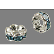 Brass Rhinestone Spacer Beads, Grade AAA, Wavy Edge, Nickel Free, Silver Color Plated, Rondelle, Aquamarine, 5x2.5mm, Hole: 1mm(RB-A014-L5mm-03S-NF)