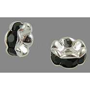 Brass Rhinestone Spacer Beads, Grade A, Wavy Edge, Silver Color Plated, Rondelle, Jet, 6x3mm, Hole: 1mm(RB-A014-L6mm-02S)