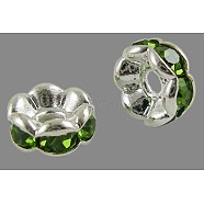 Brass Rhinestone Spacer Beads, Grade AAA, Wavy Edge, Nickel Free, Silver Color Plated, Rondelle, Peridot, 6x3mm, Hole: 1mm(RB-A014-L6mm-07S-NF)