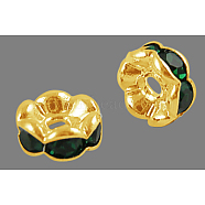 Brass Rhinestone Spacer Beads, Grade A, Wavy Edge, Golden Metal Color, Rondelle, Emerald, 6x3mm, Hole: 1mm(RB-A014-L6mm-08G)