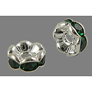 Brass Rhinestone Spacer Beads, Grade AAA, Wavy Edge, Nickel Free, Silver Color Plated, Rondelle, Emerald, 6x3mm, Hole: 1mm(RB-A014-L6mm-08S-NF)