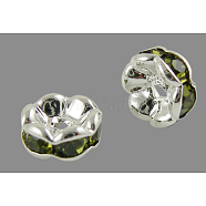 Brass Rhinestone Spacer Beads, Grade A, Wavy Edge, Silver Color Plated, Rondelle, Olivine, 6x3mm, Hole: 1mm(RB-A014-L6mm-09S)
