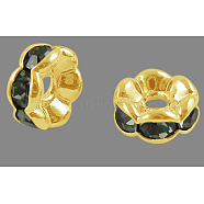 Brass Rhinestone Spacer Beads, Grade A, Wavy Edge, Golden Metal Color, Rondelle, Black Diamond, 6x3mm, Hole: 1mm(RB-A014-L6mm-12G)