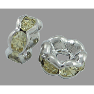 Brass Rhinestone Spacer Beads, Grade AAA, Wavy Edge, Nickel Free, Silver Metal Color, Rondelle, Jonquil, 6x3mm, Hole: 1mm(RB-A014-L6mm-13S-NF)