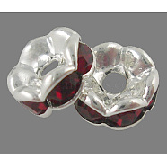 Brass Rhinestone Spacer Beads, Grade A, Wavy Edge, Silver Color Plated, Rondelle, Siam, 6x3mm, Hole: 1mm(RB-A014-L6mm-22S)