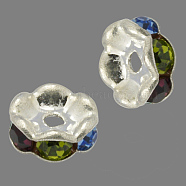 Brass Rhinestone Spacer Beads, Grade A, Wavy Edge, Silver Color Plated, Rondelle, Colorful, 6x3mm, Hole: 1mm(RB-A014-L6mm-37S)