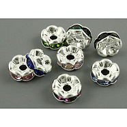 Brass Rhinestone Spacer Beads, Grade A, Wavy Edge, Silver Color Plated, Rondelle, Mixed Color, 6x3mm, Hole: 1mm(RB-A014-L6mm-S)