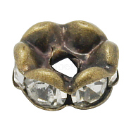 Brass Rhinestone Spacer Beads, Grade AAA, Wavy Edge, Nickel Free, Antique Bronze Metal Color, Rondelle, Crystal, 7x3.2mm, Hole: 1.2mm(RB-A014-L7mm-01AB-NF)