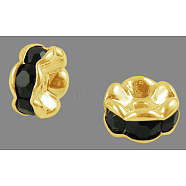 Brass Rhinestone Spacer Beads, Grade A, Wavy Edge, Golden Metal Color, Rondelle, Jet, 8x3.8mm, Hole: 1mm(RB-A014-L8mm-02G)