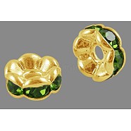Brass Rhinestone Spacer Beads, Grade A, Wavy Edge, Golden Metal Color, Rondelle, Peridot, 8x3.8mm, Hole: 1mm(RB-A014-L8mm-07G)
