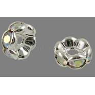 Brass Rhinestone Spacer Beads, Grade AAA, Wavy Edge, Nickel Free, Silver Color Plated, Rondelle, Crystal AB, 8x3.8mm, Hole: 1.5mm(RB-A014-L8mm-28S-NF)