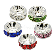 Brass Rhinestone Spacer Beads, Grade A, Straight Flange, Silver Color Plated, Rondelle, Mixed Color, 10x4mm, Hole: 2mm(RB-A014-Z10mm-S)