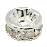 Brass Rhinestone Spacer Beads, Grade A, Straight Flange, Silver Color Plated, Rondelle, Crystal, 12x4mm, Hole: 2.5mm(RB-A014-Z12mm-01S)