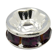 Brass Rhinestone Spacer Beads, Grade AAA, Straight Flange, Nickel Free, Silver Color Plated, Rondelle, Amethyst, 5x2.5mm, Hole: 1mm(RB-A014-Z5mm-11S-NF)