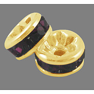 Brass Rhinestone Spacer Beads, Grade A, Straight Flange, Golden Metal Color, Rondelle, Amethyst, 6x3mm, Hole: 1mm(RB-A014-Z6mm-11G)