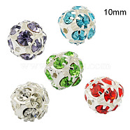 Brass Rhinestone Beads, with Iron Single Core, Grade A, Silver Color Plated, Round, Mixed Color, 10mm in diameter, Hole: 1mm(RB-A019-10mm-S)