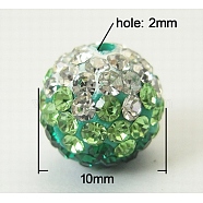 Mideast Rhinestone Beads, with Polymer Clay, Round Pave Disco Ball Beads, Lime, Size: about 10mm in diameter, hole: 2mm, rhinestone: PP13(1.9~2mm).(RB-B029-4A)